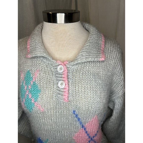 EVIAN II Knitted by Hand Women's Sweater Size M Long Sleeve Collar Grey/Pink - Picture 9 of 13